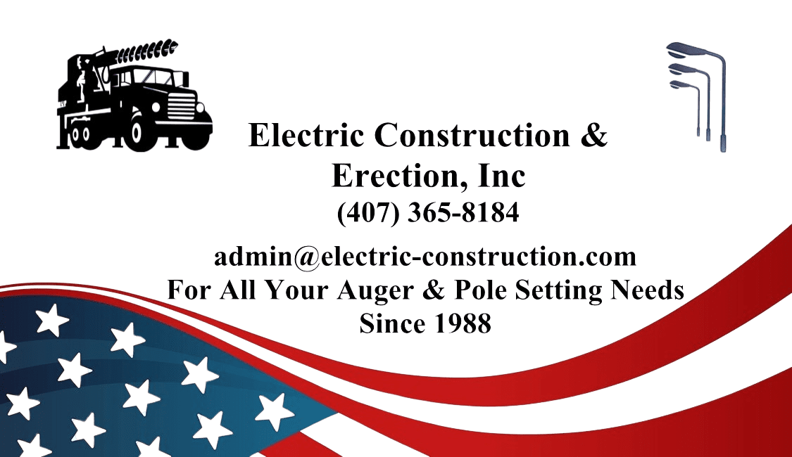 Untitled design Business card for Electric Construction & Erection, Inc, with contact details and a slogan. Background features red and blue stripes with stars, and an illustration of a truck.